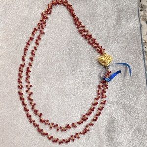 Red and gold tone 2 strand necklace with heart box clasp